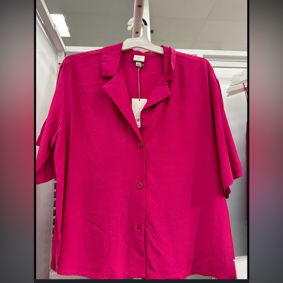 Women's Short Sleeve Button-Down Camp Shirt - A New Day Pink 3X - Picture 2 of 2